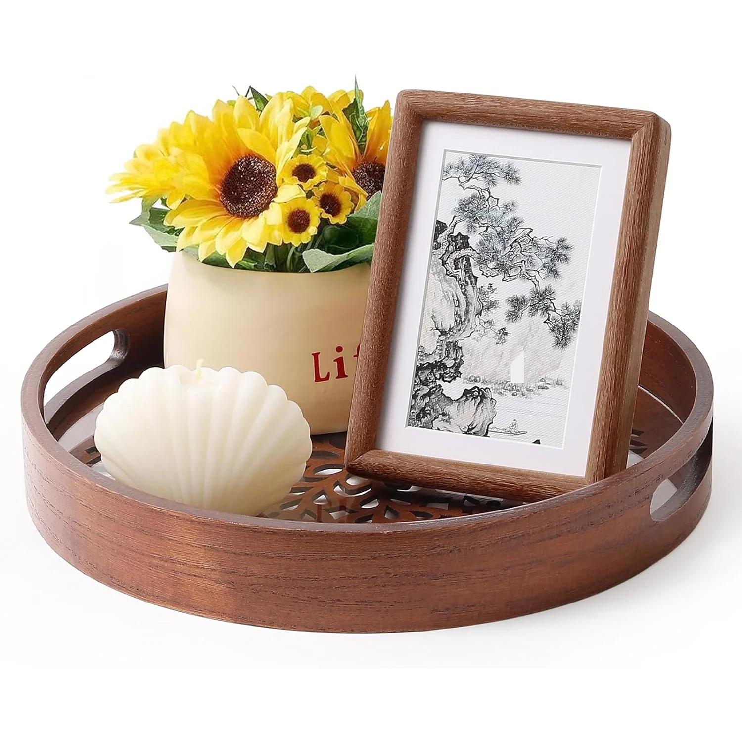 Round Brown Table Decorative Tray for Coffee Table Wood Serving Tray Boho for Bedroom Small Round Kitchen Counter