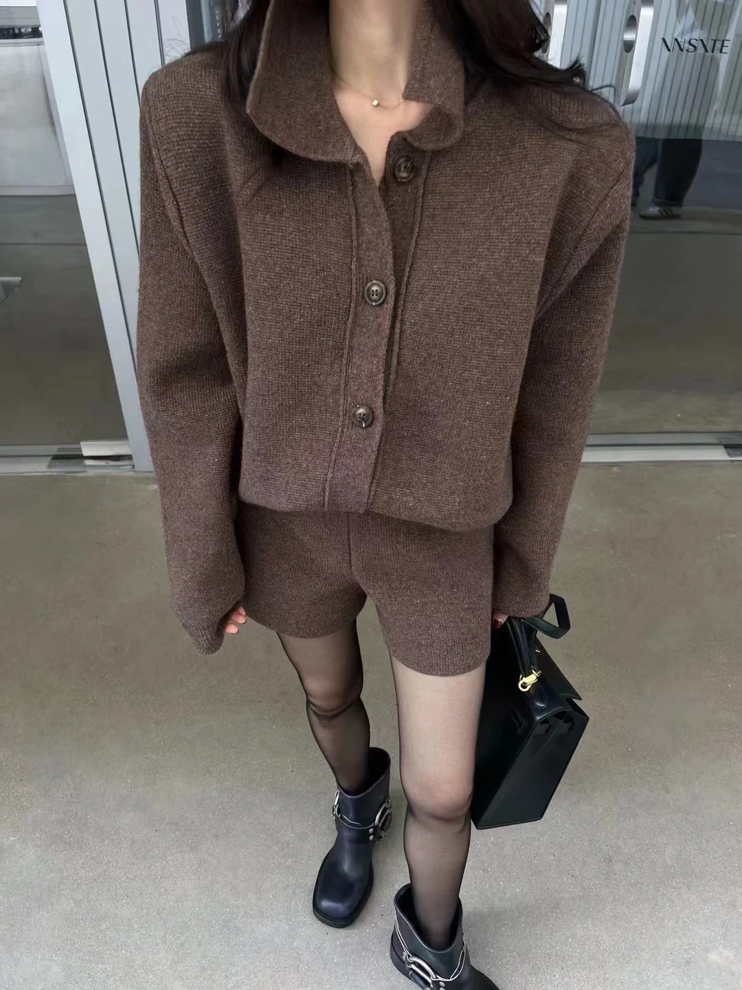 Autumn Winter New Two-piece Knitted Sets Single Breasted Sweater Top High Waist Shorts Korean Fashion Casual Outfits Solid Suit