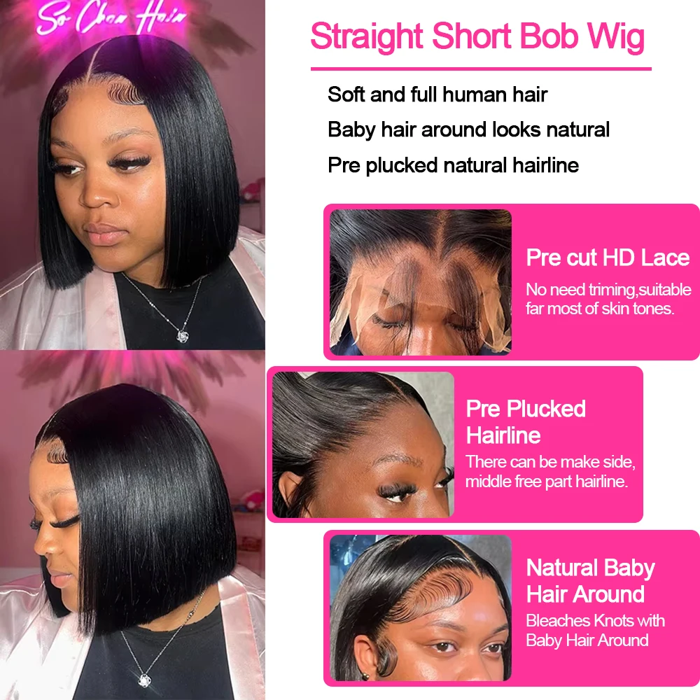 Perruques Vietnamienne Original Perruque Cheveux Humains 100% Perruque Lisse Cheveux Humain Perruque BOB Courte  Perruque Raw Hair Sans Colle Perruque 13×6 13×4 Transparent Lace Perruque Femme Coiffures Lisses