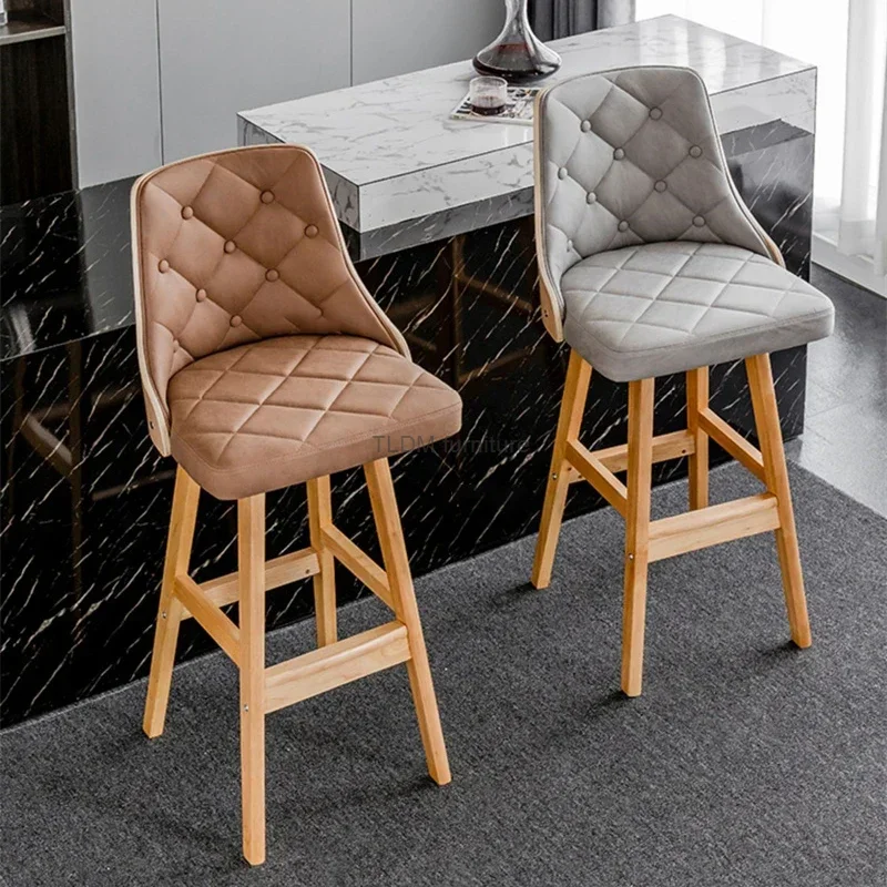 

American Retro Backrest Bar Chair Kitchen Furniture Modern Solid Wood Bar Stools Light Luxury Leisure High Feet Counter Stool