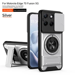 Magnetic Car Holder Phone Case with Slide Lens Protection and Shockproof Hard Cover for Motorola Edge 60 Neo (Silver)