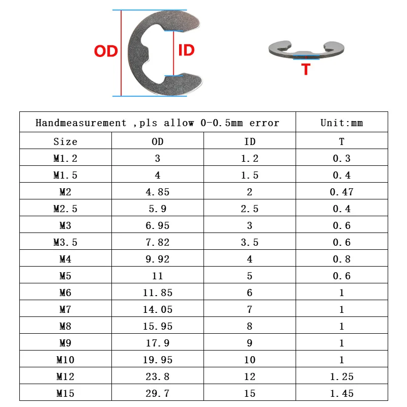 Description Picture 2 of itemM1.2 M1.5 M2 M3 M4 M5 M6 M8 M9 M10 M12 M15 External Retaining Ring 304 Stainless Steel E Clip Snap Circlip Shaft Washer Gasket