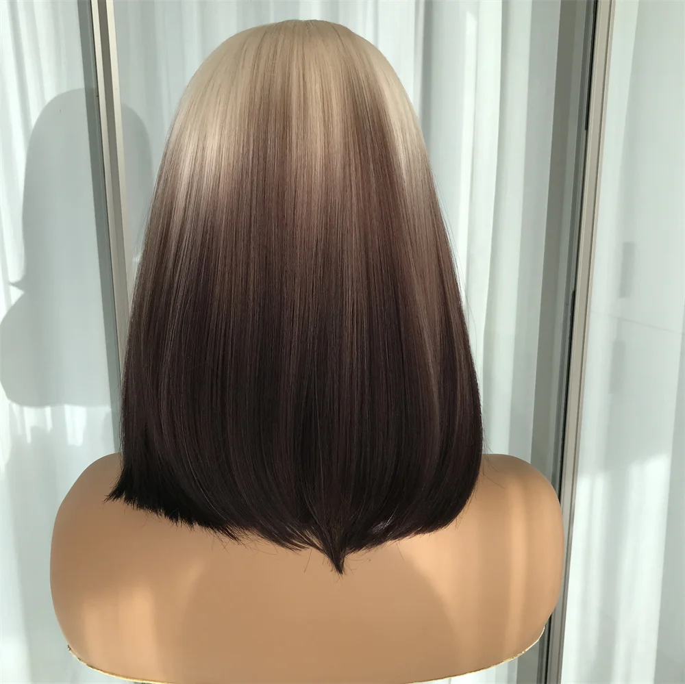 Blond to Brown Short Bob Wear and Go Glueless Wig Synthetic Lace Wigs for Women Pre Cut Pre Plucked 14inch for Daily Use