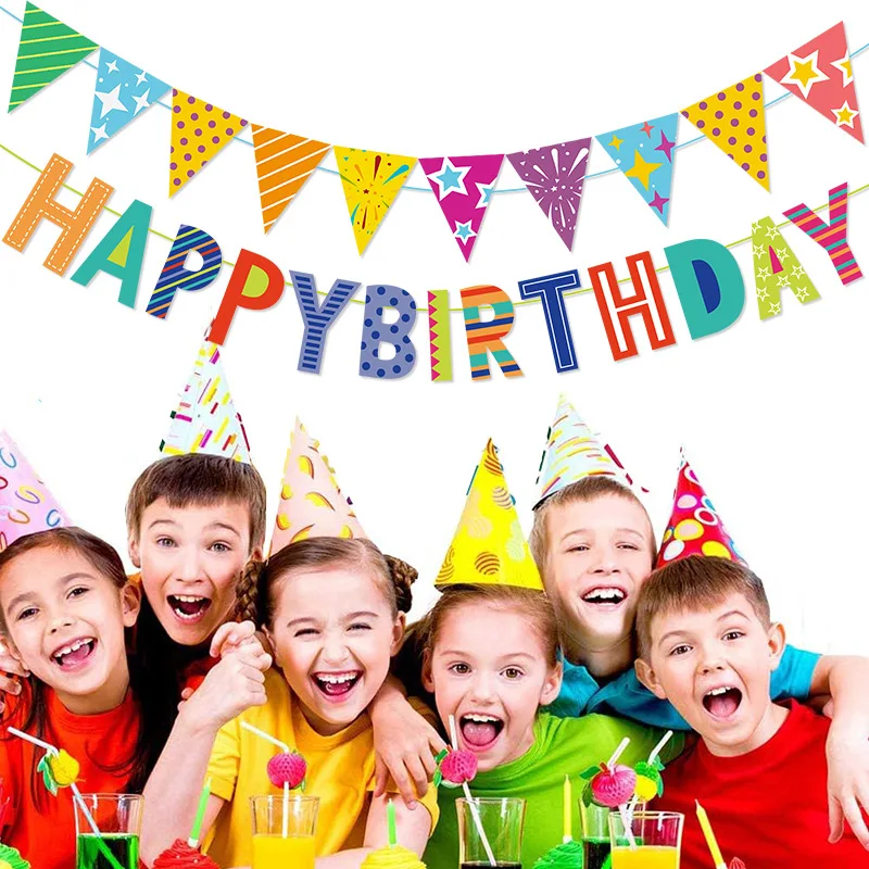 

Ins Boy Girl Happy Birthday Room Garland Banner Pennant Background Decoration Baby Shower Animal Princess Theme Hanging Flags