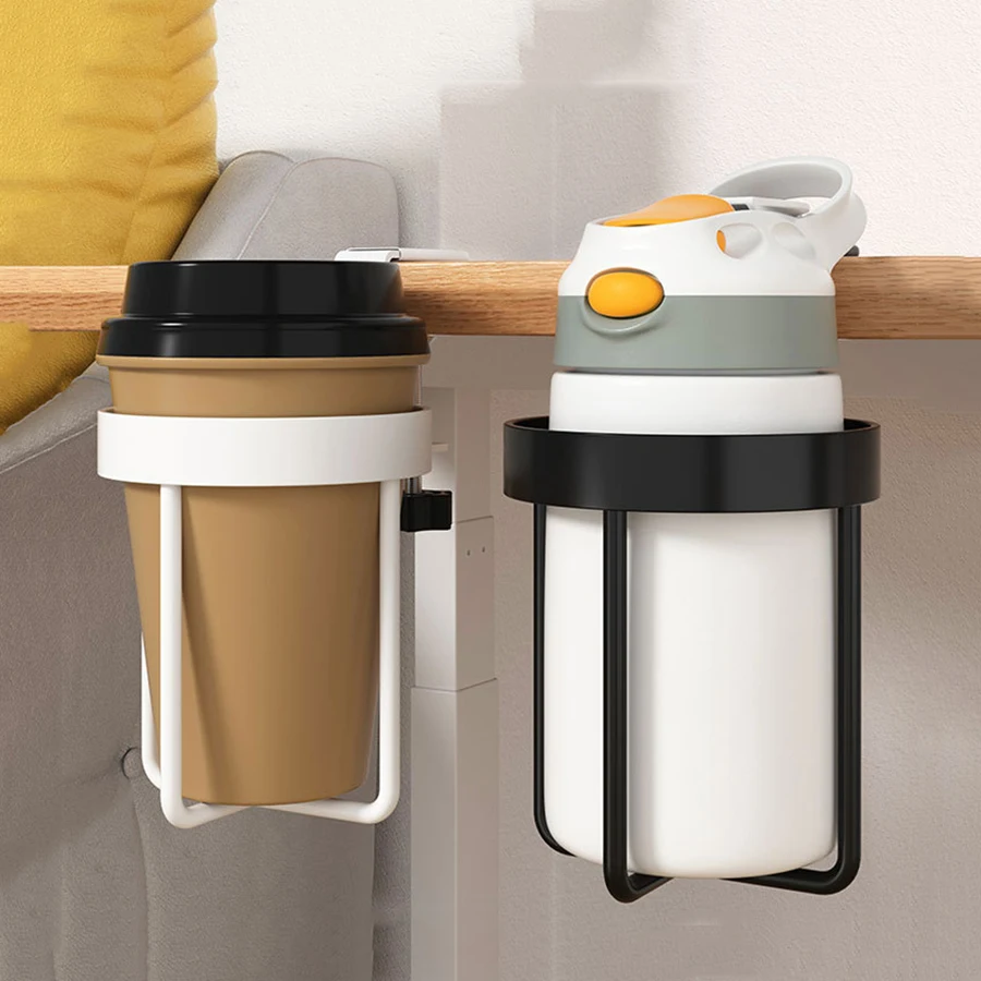 Home Clip On Table Cup Holder Horizontal Vertical Mount Anti Spill Office Desktop Mug Rack Metal Clamp Water Bottle Storage Tray