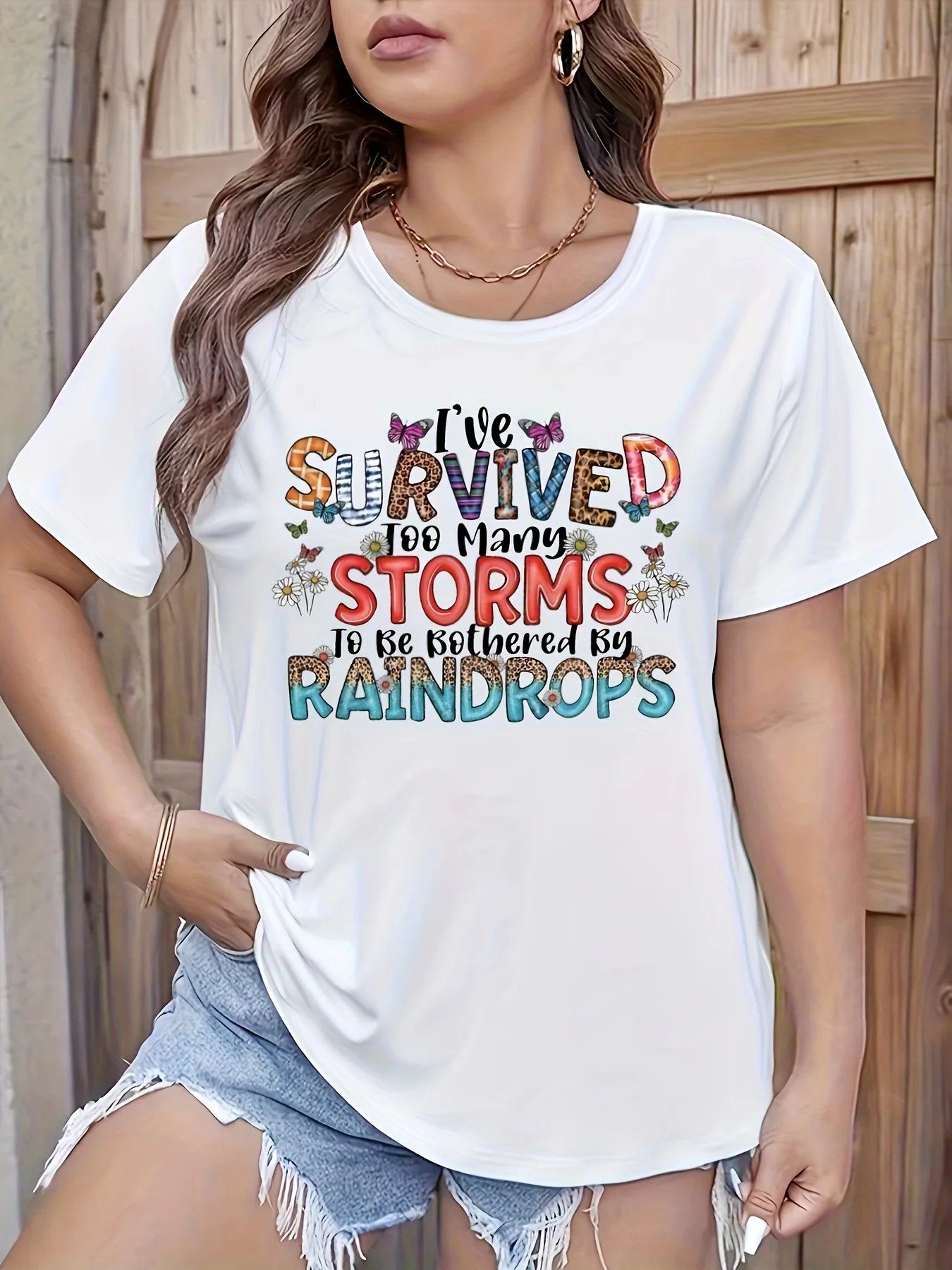 

Survived Too Many Storms Oversized Print Crew Neck T-Shirt, Casual Short Sleeve T-Shirt for Spring & Summer, Women's Clothing