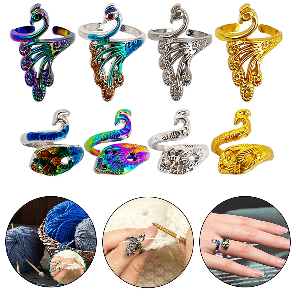 

Adjustable Handmade Peacock Stitch Crochet Ring Beginner Knitting Crocheting Loop Thread Wrapped Rings Tension Regulator Tool