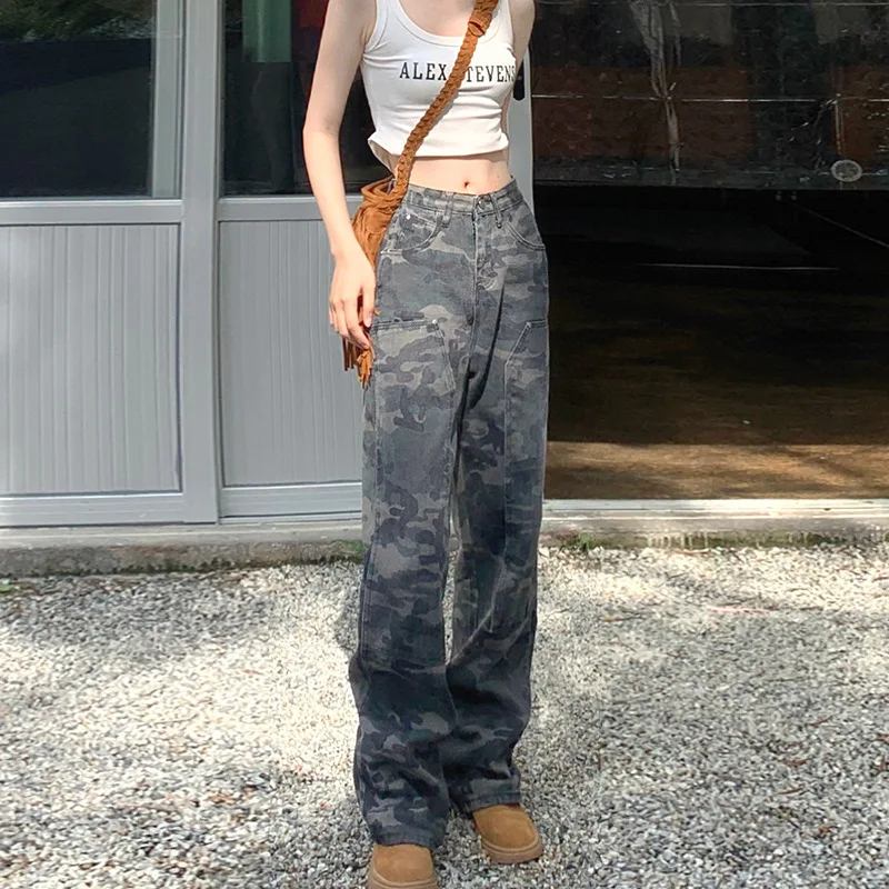 

Camo Jeans Women Straight Loose Cowboy Cargo Trousers High Waist Casual Spring Summer American Fashion Vintage Denim Pants