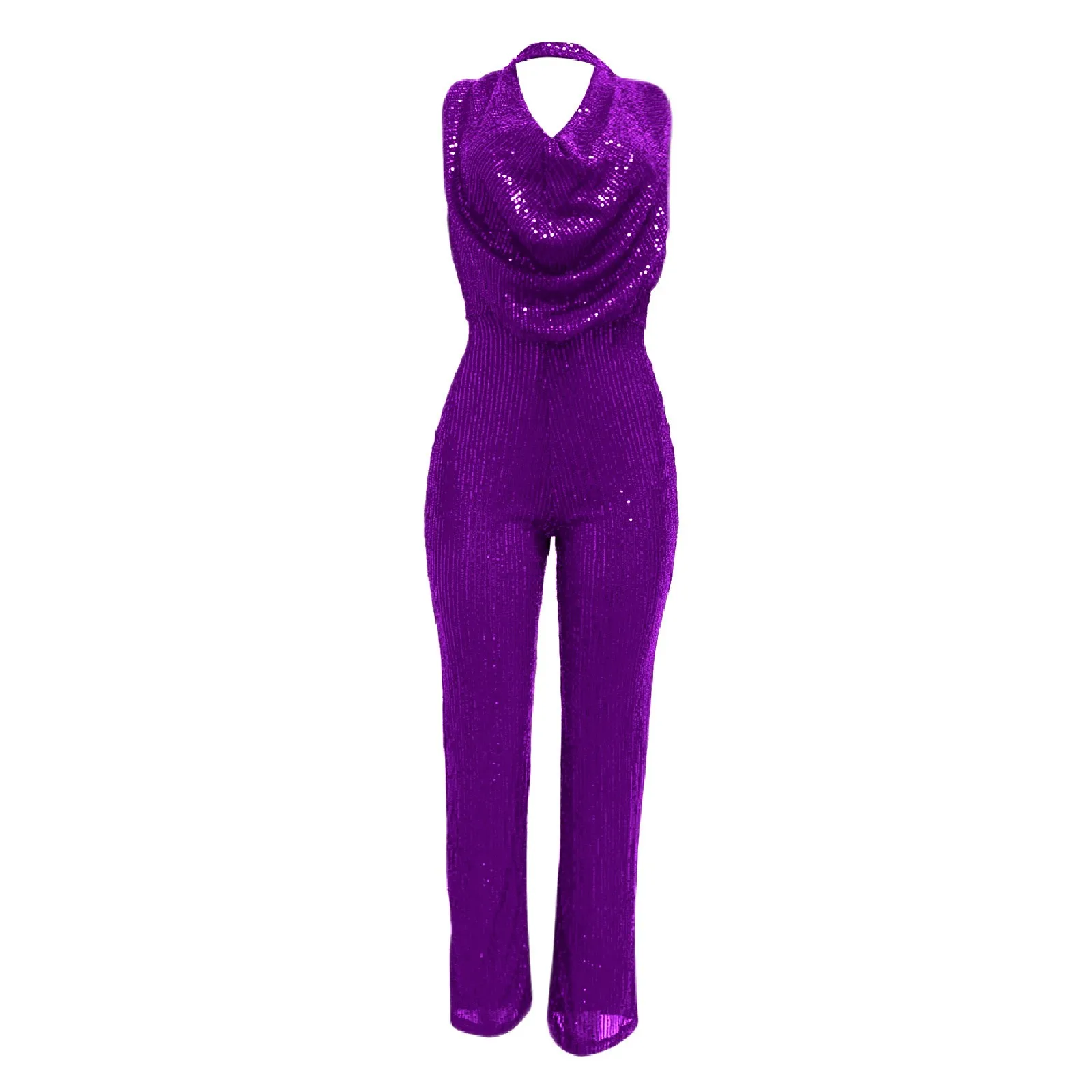 Ladies Shiny Jumpsuit Sexy Elegant Straight Trousers Nightclub Wear Women Glitter Sequin Decor Open Back Playsuit