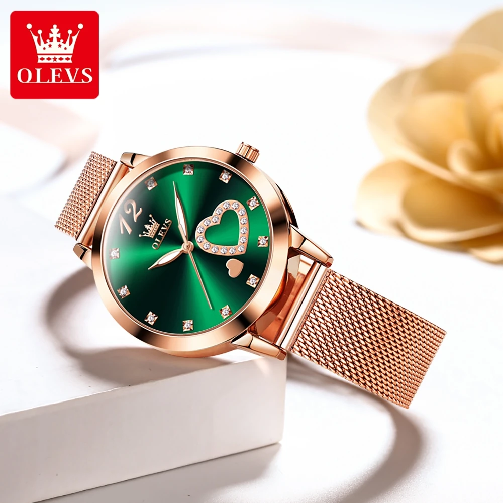 OLEVS Womens Watches Top Brand Luxury Fashion Green Dial Quartz Watch Stainless Steel Waterproof Ladies Wrist Watch Montre Femme
