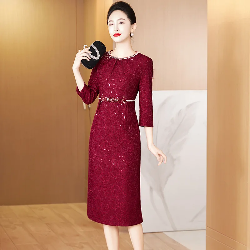 Burgundy Lace Mother Of The Bride Dresses Modest A-Line Tea-Length Lace  Women Evening Gowns - AliExpress 320