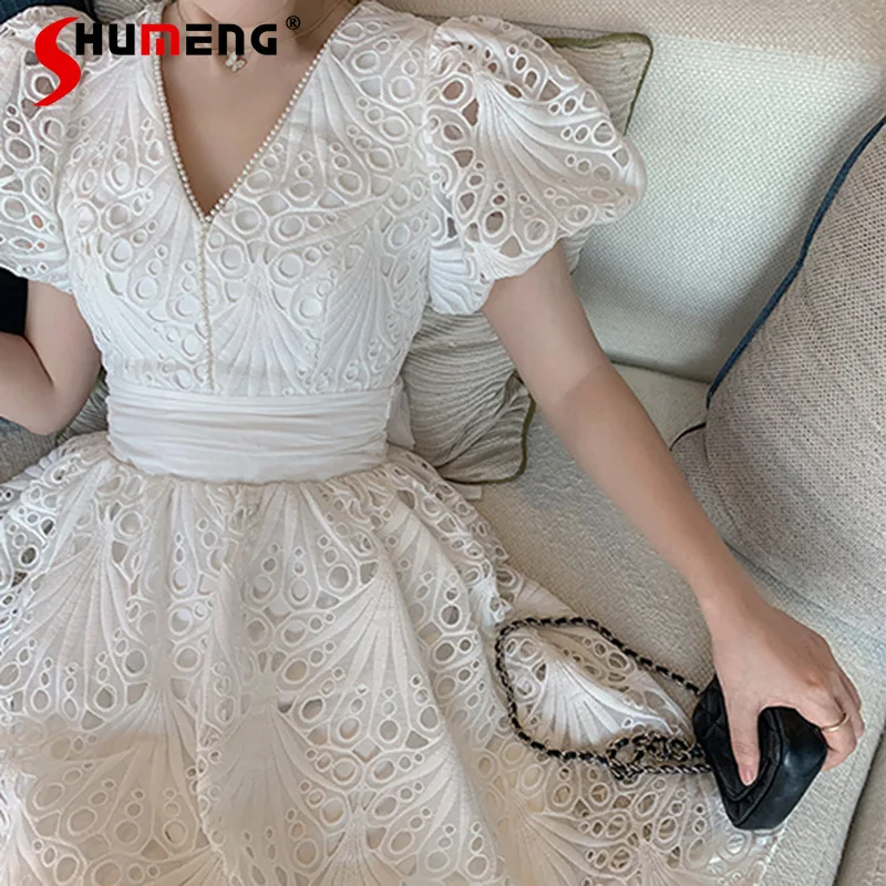 elegant-water-soluble-lace-back-bow-dress-women-clothing-2024-summer-new-elegant-slinming-waist-short-puff-sleeve-white-dresses