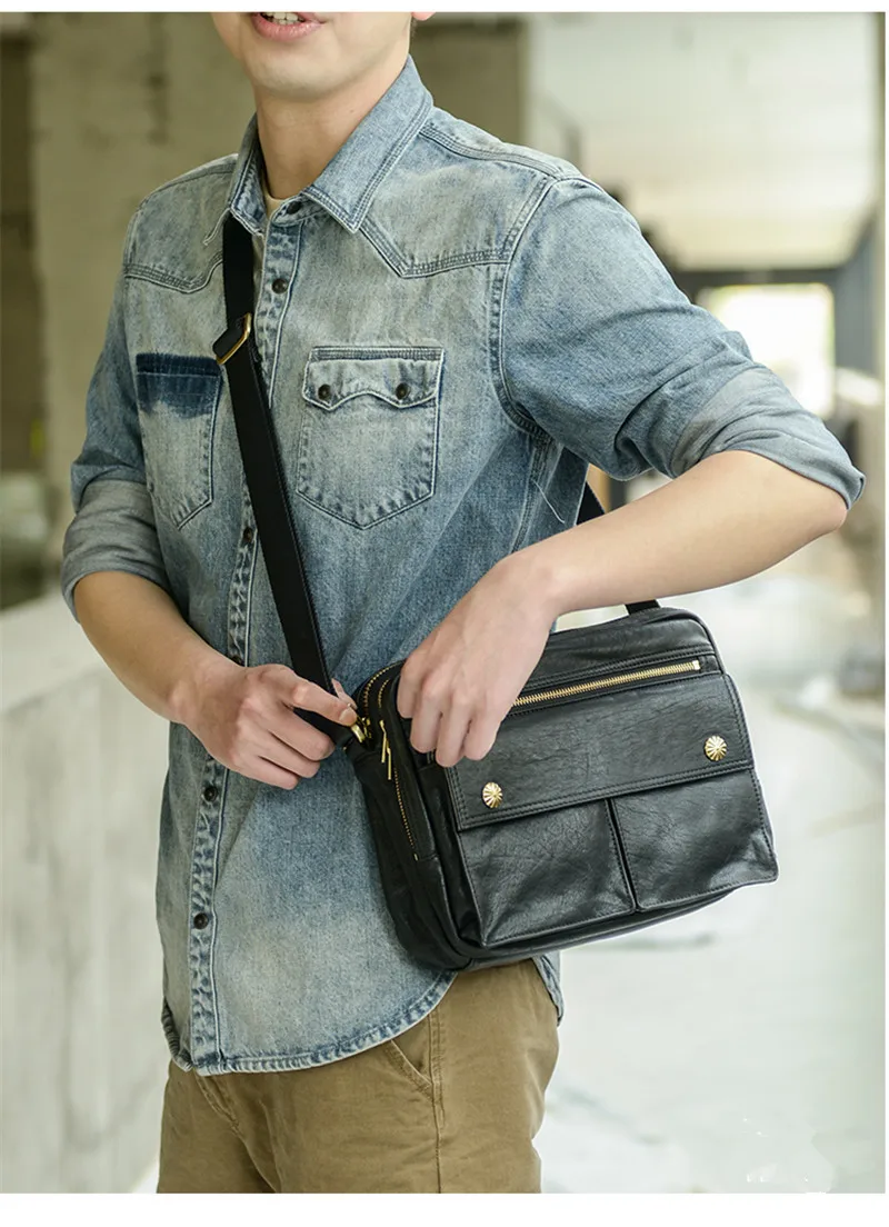 Simple casual men's first layer cowhide black messenger bag fashion high-quality real leather daily outdoor youth shoulder bag