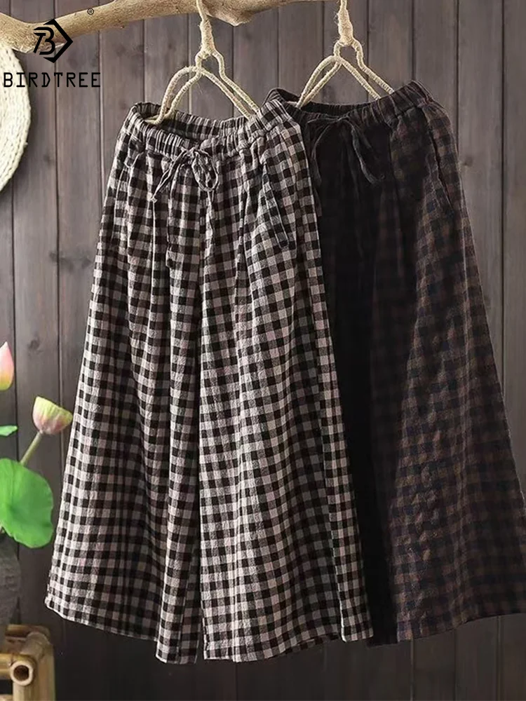 

Брюки женские клетчатые с широкими штанинами, из хлопка и льна, с эластичным поясом, милые повседневные штаны в стиле девушки из леса, B47579QM, для осени, 2024