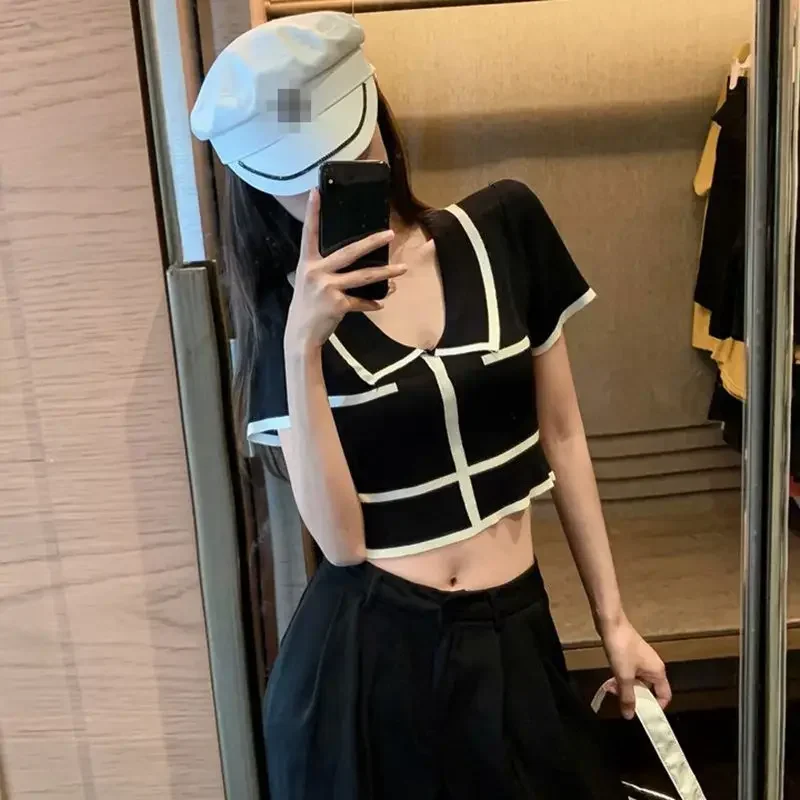 

Summer retro lapel personality button color knitted sweater ice slim short GRAY22