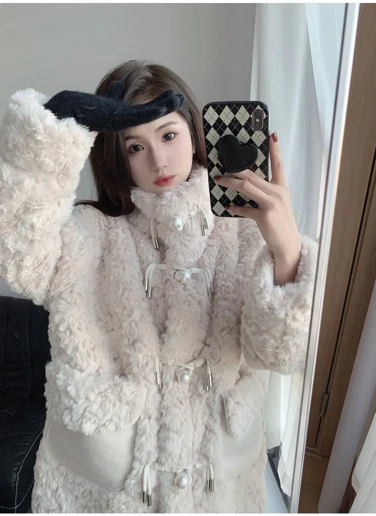 Eleganter aprikosenweißer dicker Kunstpelzmantel für Damen, lässige, mit Faux dicke Lammfelljacke, Winterdame, schicke Langarm-Oberbekleidung – Detail 5