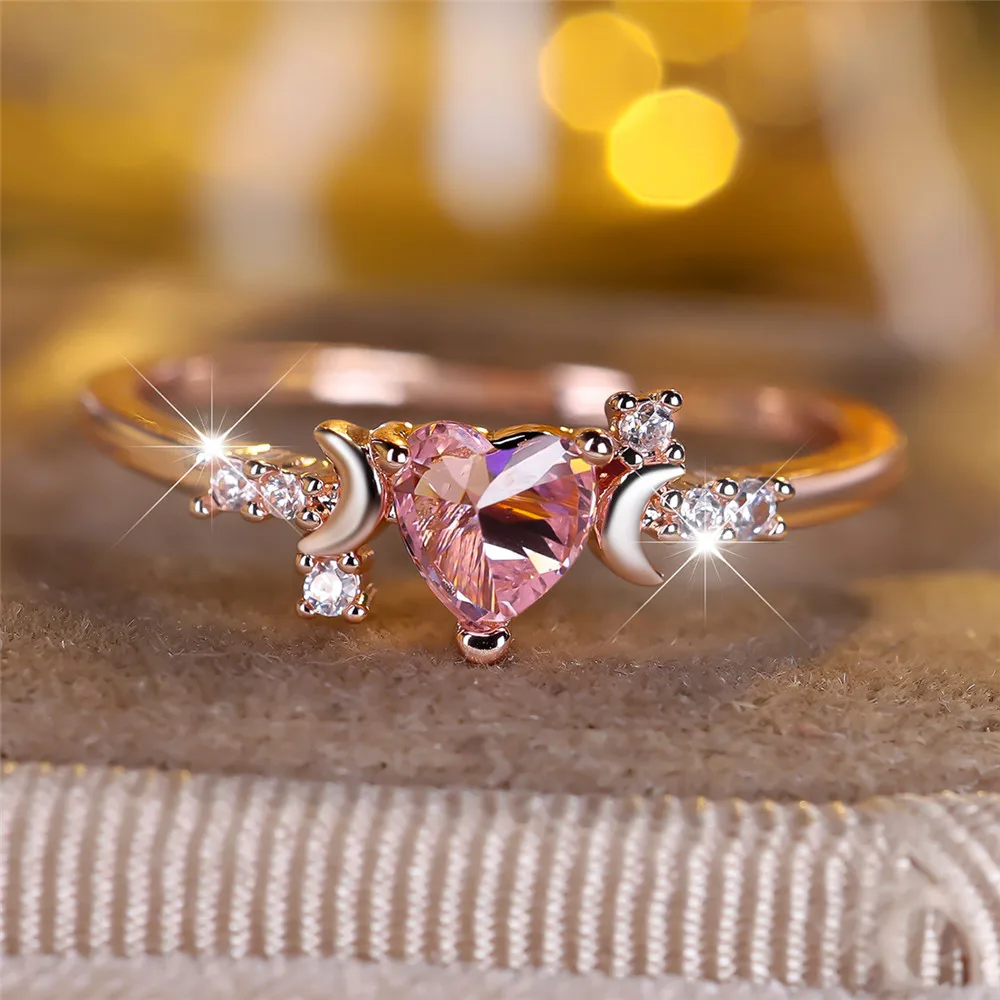Pink Crystal Heart Stone Ring Female Cute Small Moon Rings For Women Vintage Rose Gold Color Wedding Band Bridal Jewelry