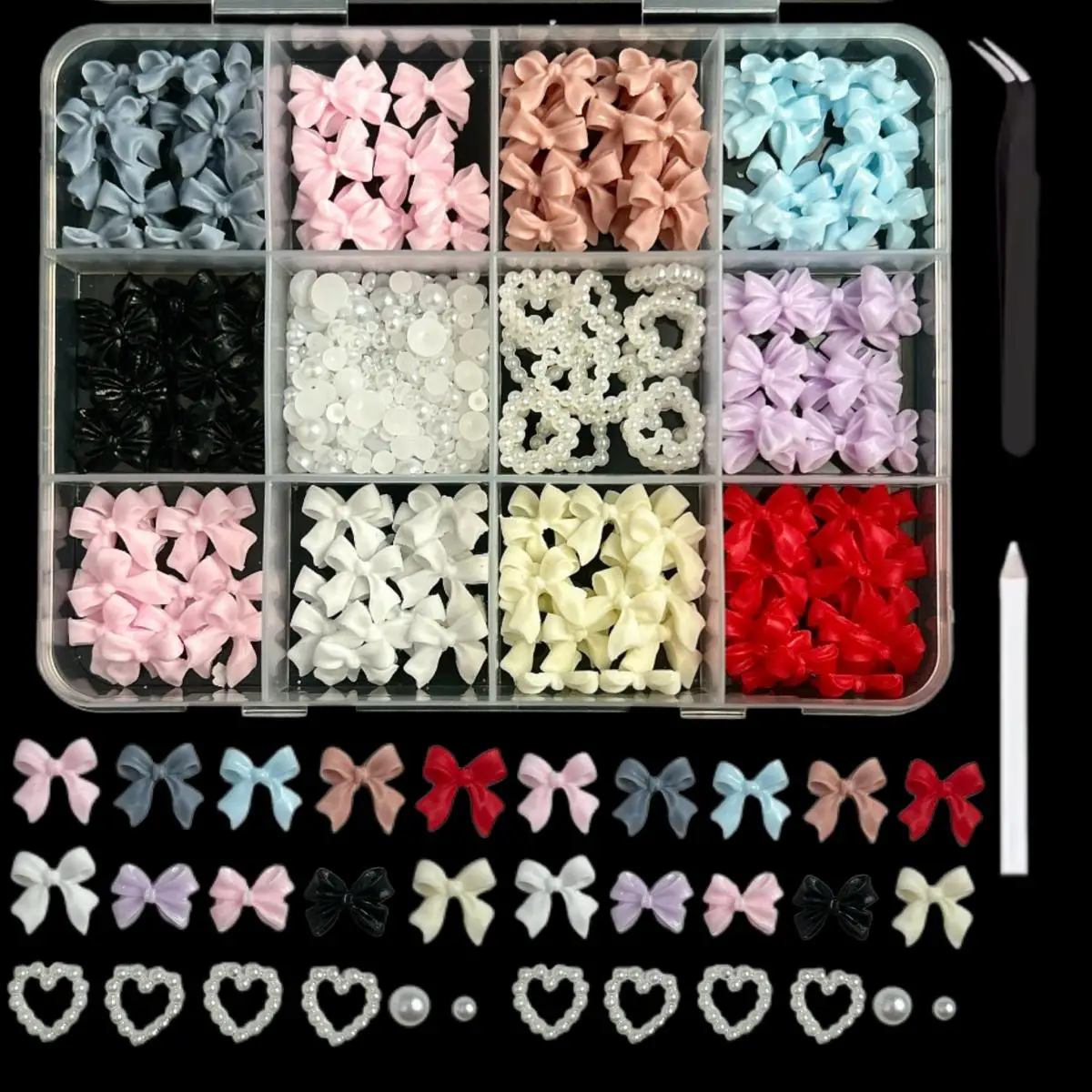 1Box Multi-Style Colorful Resin Bear Bow Flower Nail Charms Alloy Butterfly Cherry Simulated Pearl Nail Art Accessories for DIY 4