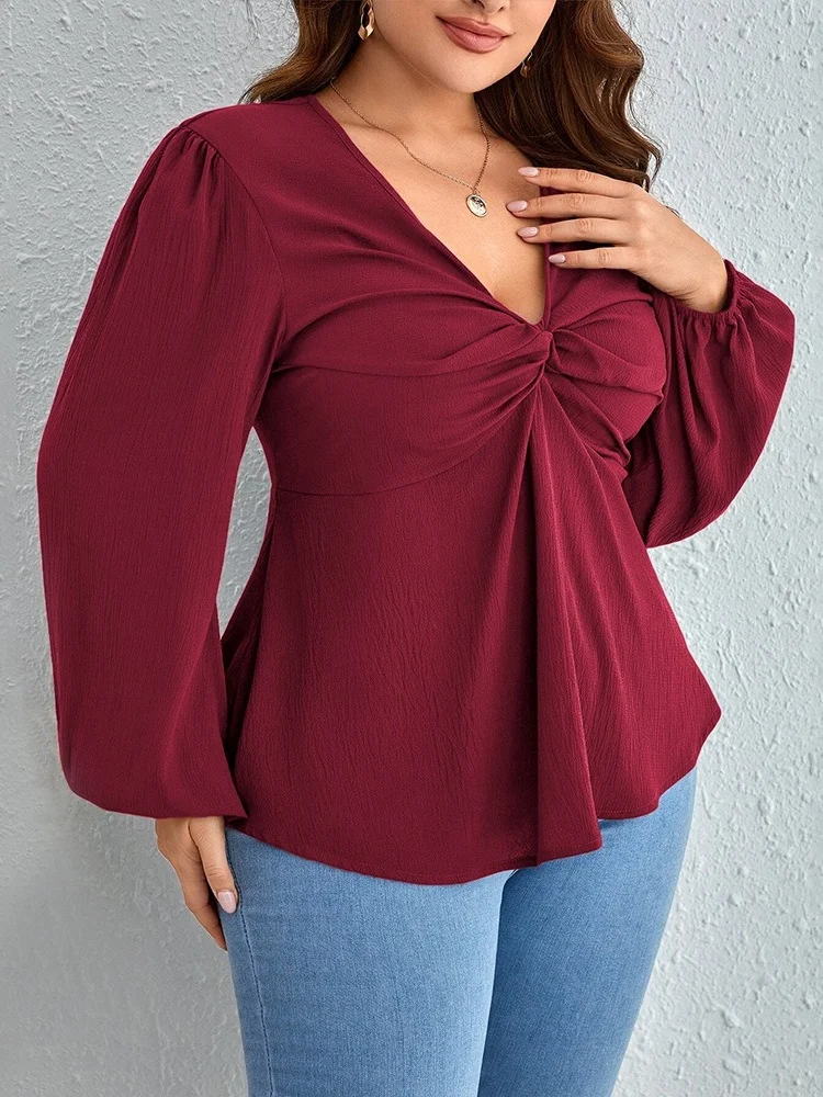 Wmstar T Shirt Women Wholesale Plus Size Wear V Neck with Mature Ladylike Autumn Winter Fashionable Youthful Wine Red Top