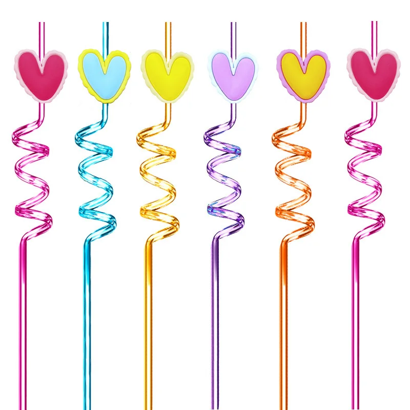 

Heart Shaped Silicone Spiral Straws Reusable Food Grade Material Valentine's Day Party Family Gathering Straws