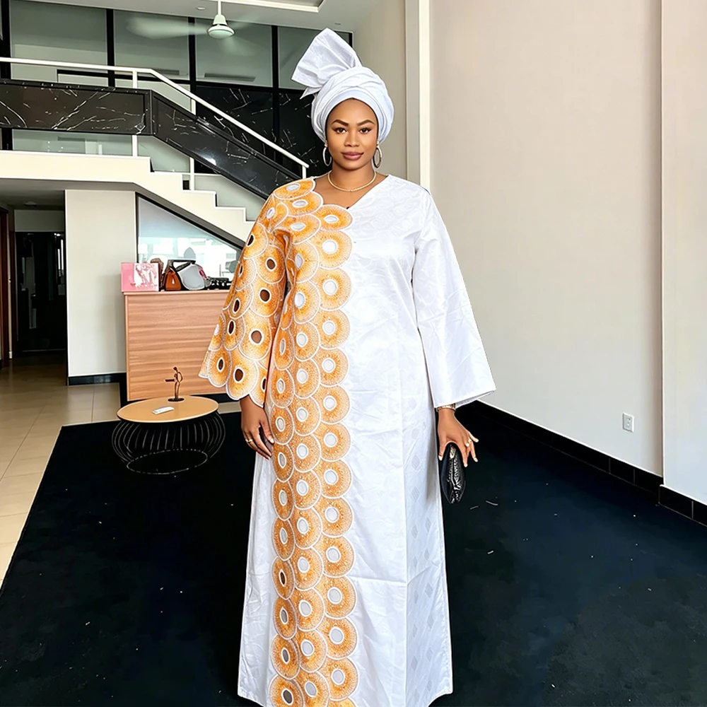 Plus Size African Clothes for Women 2026 New Dashiki Ankara Embroidery Bazin Riche Design Wedding Party Dresses with Headscarf, view 3