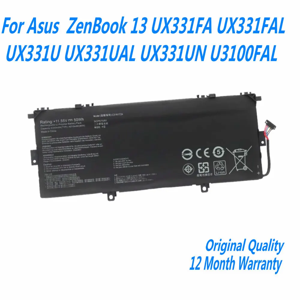 Nuova Batteria Per Laptop 11.55V 50Wh C31N1724 Per Asus Zenbook 13 Ux331Fa Muslimexux331U Ux331Ual Ux331Un U3100Fal