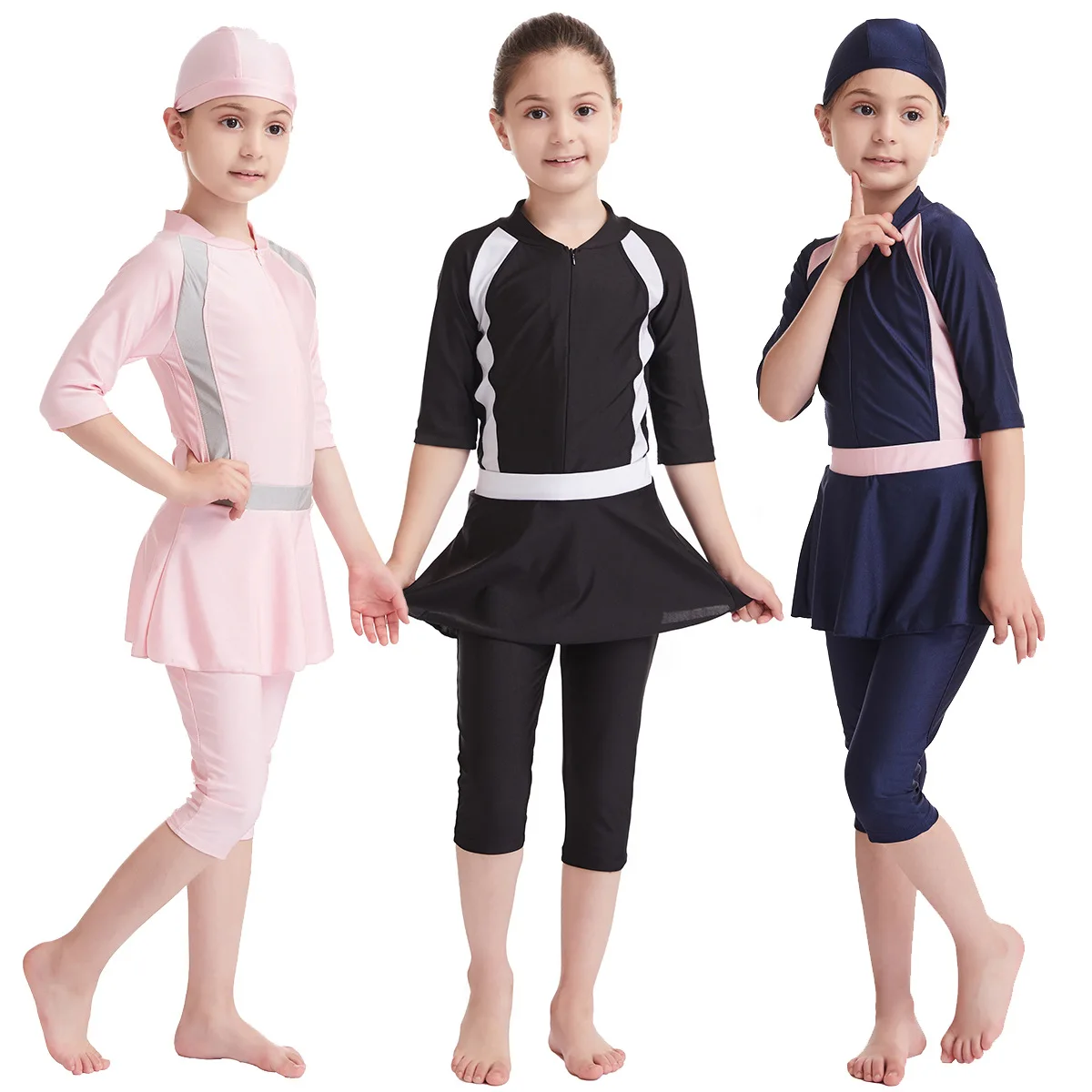 Costume Da Bagno Musulmano Ragazze 3 Pezzi Copertura Completa Burkini Arabo Islamico Modest Swimwear Sunsuit Beachwear Top Pants Cap Kids Bating Suit