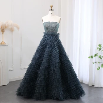 Luxury Beaded Blue Ball Gown Evening Dress 2024 Elegant Strapless Ruffles Sweet Girls Birthday Party Dresses 503 1