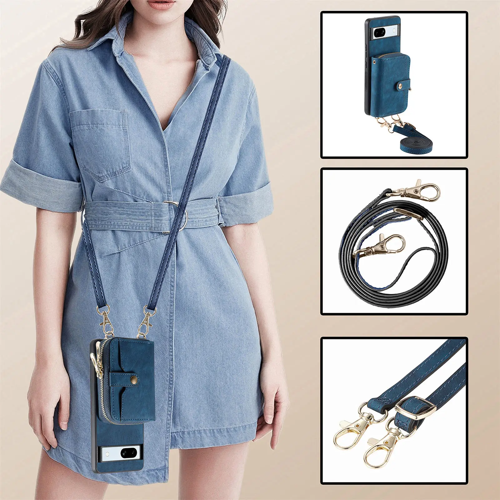 Wallet For Google Pixel 7a Case Zipper Multi Card Slot With Long Lanyard Shockproof Leather Phone Cover For Pixel 8 6 Pro