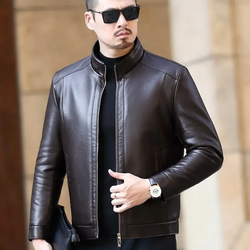 Natural Leather Jacket Men's Stand-up Collar Business Casual Fur One-piece Men's Super Soft SE Plush Liner Warm Jacket