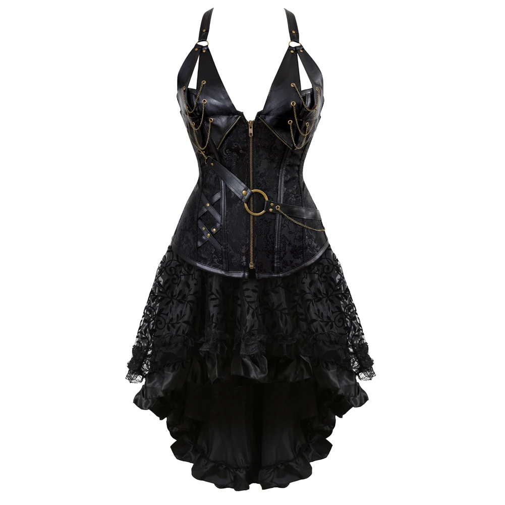 Women Gothic Steampunk Pirate Corset Costume Goth Punk Corselet Shapewear Lace Up Pu Leather Bustier Top Skirt Set