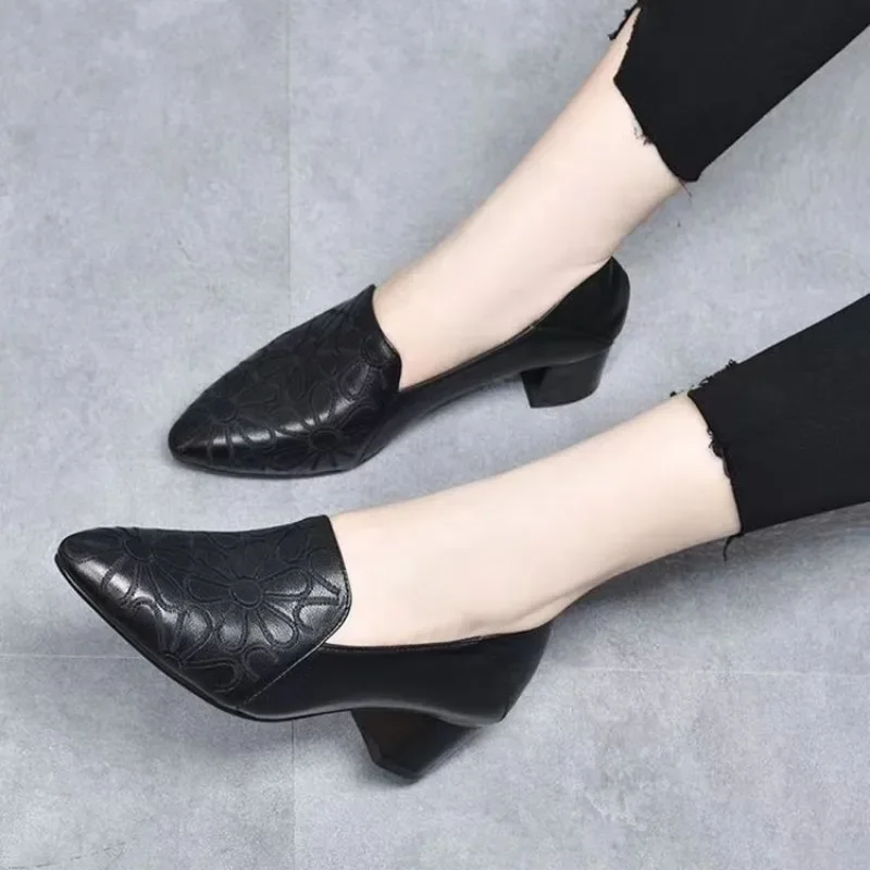 2025 New Spring Women's Pointed Point Medium Thick Heel Shallow Mouth Single Shoes Fashion Soft Leather Embroidered Work Shoes 2
