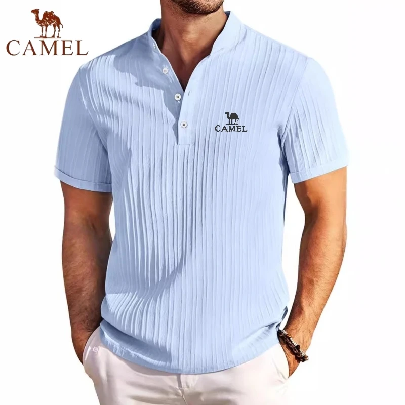 High End Embroidered CAMEL Cotton and Linen Striped Henry Polo Shirt, New Summer Men's Retro Fashion Casual Short Sleeved Top 14 S0ee81f3cc73b49f0ac52e8753b017e17c