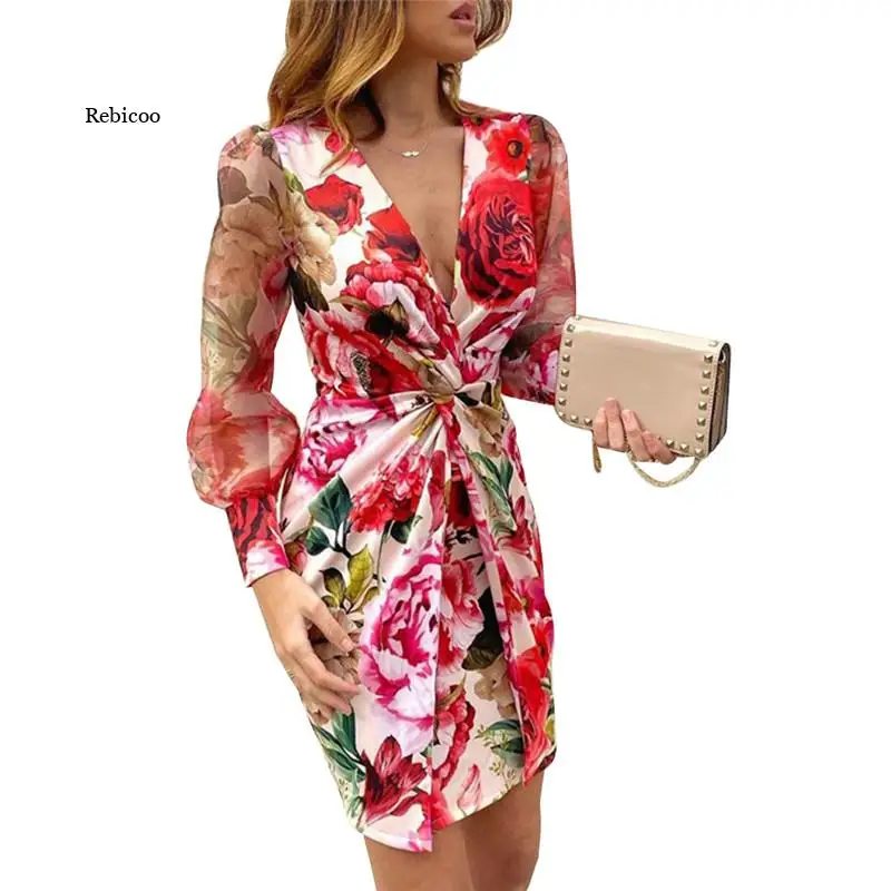 

Fashion Women Mesh Long Sleeve V-Neck Bodycon Dress Ruffles Pleated Elegant Female Evening Party Dress Vestidos Dress