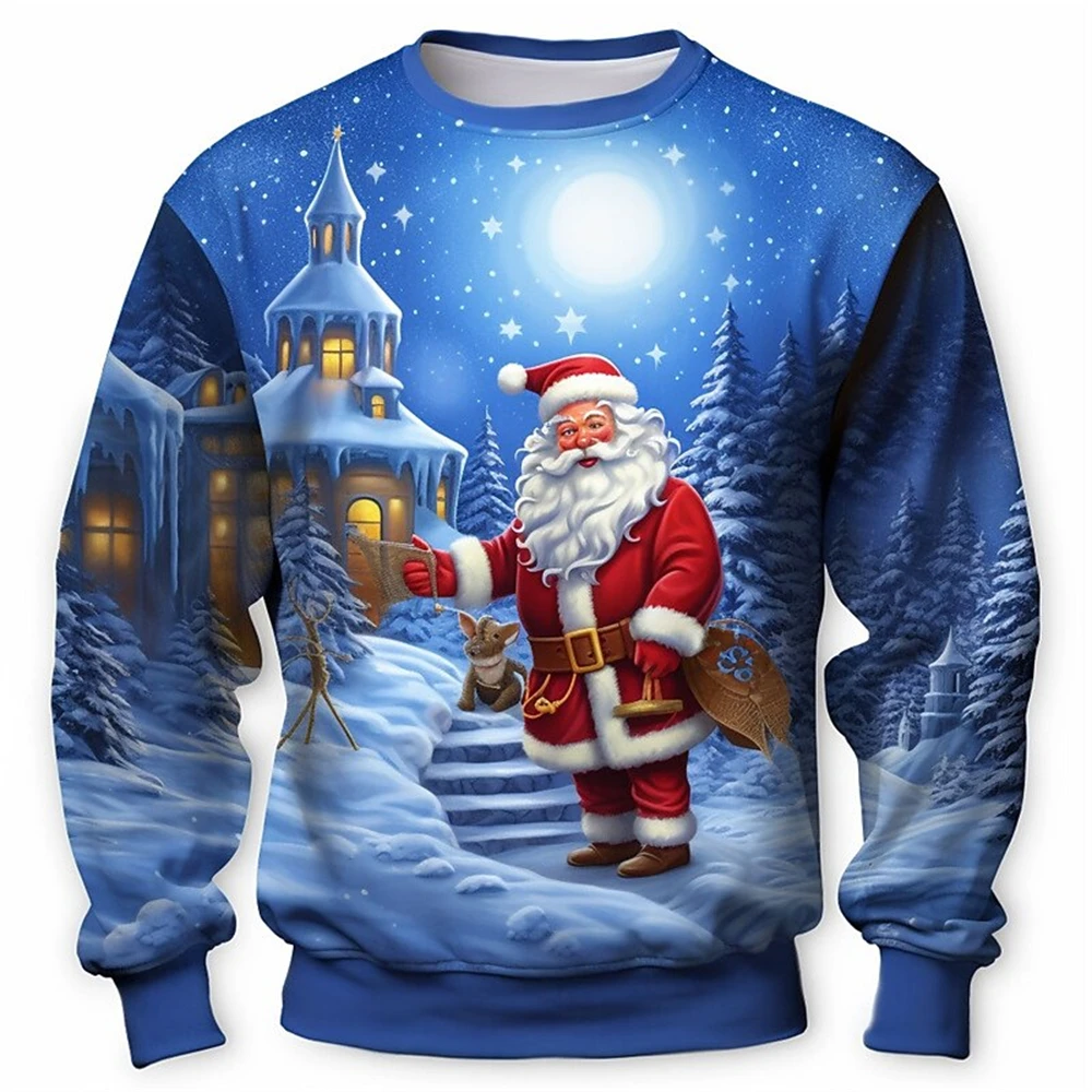 

Santa Claus Fashion Daily Casual Men's 3D Print Pullover Sweatshirt Christmas Holiday Vacation Sweatshirts Blue Crew Neck Print