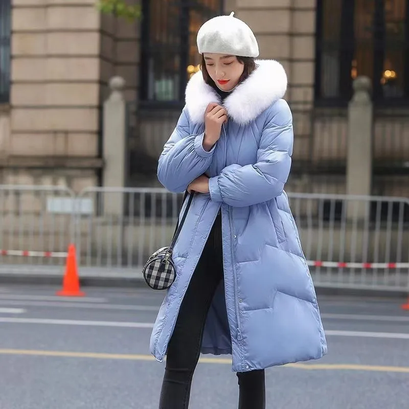 2023 New Down Jacket Women Medium Long Winter OutwearThickened Warm Parkas Fur Collar Overcoat Temperament Thin White Duck Coat