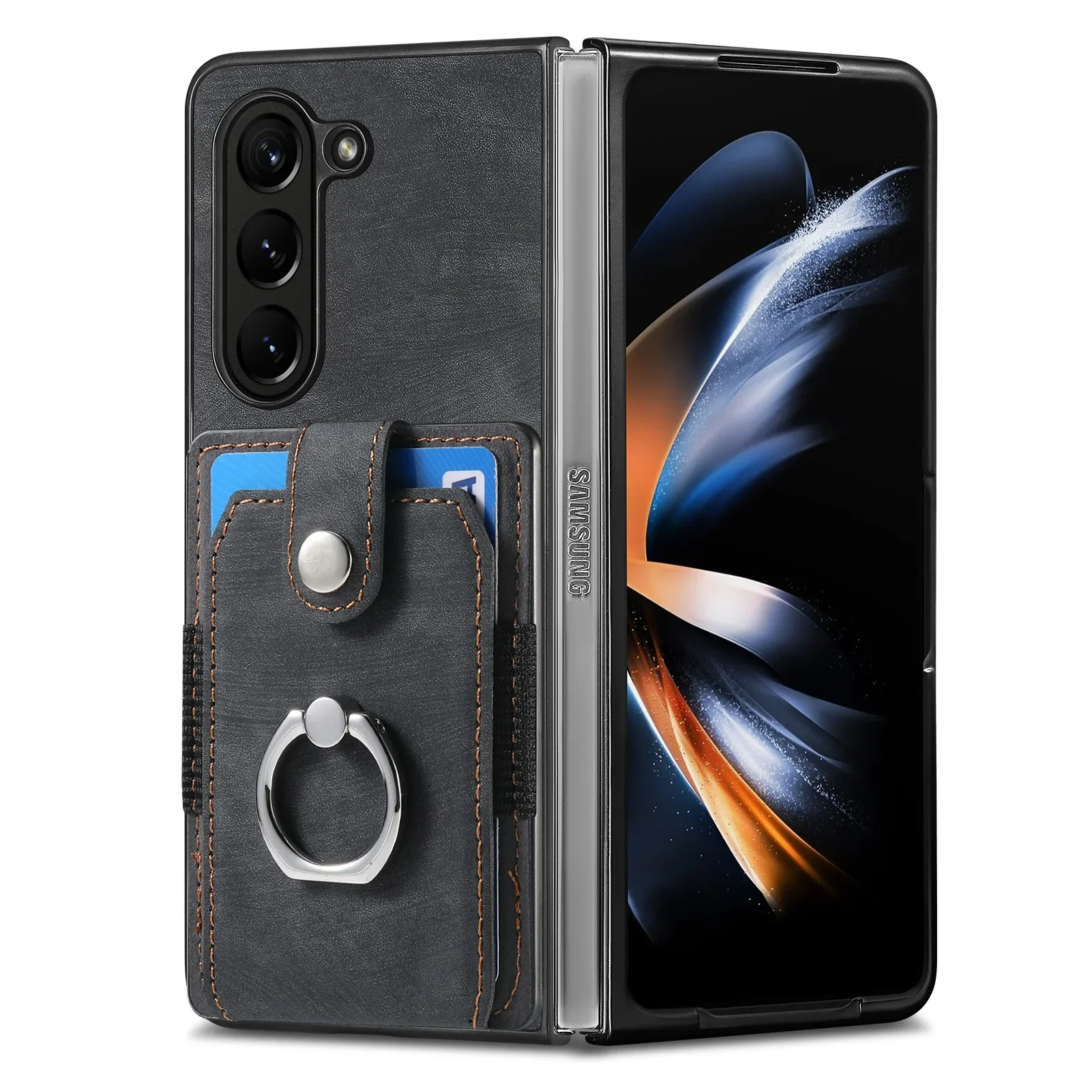 Retro Artificial Leather Wallet Phone Case with Ring Holder for Samsung Galaxy Z Fold 7 6 5 4 3 Fold7 Fold6 5G Card Slot Cover | Gaffar India
