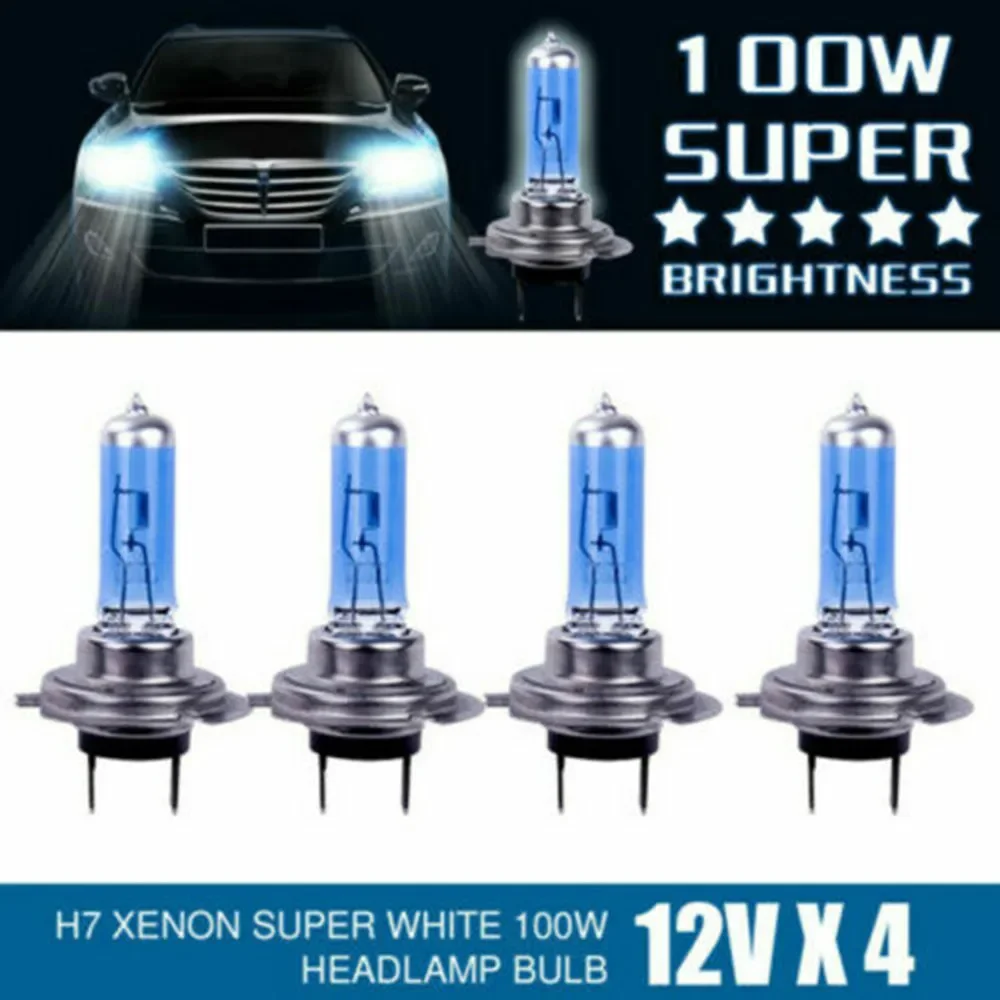 자동차 헤드라이트 전구, 흰색 할로겐 램프, 슈퍼 브라이트 할로겐, H7 헤드라이트 전구, 12V, 24 VH7, 100W, 6000K, 4 개