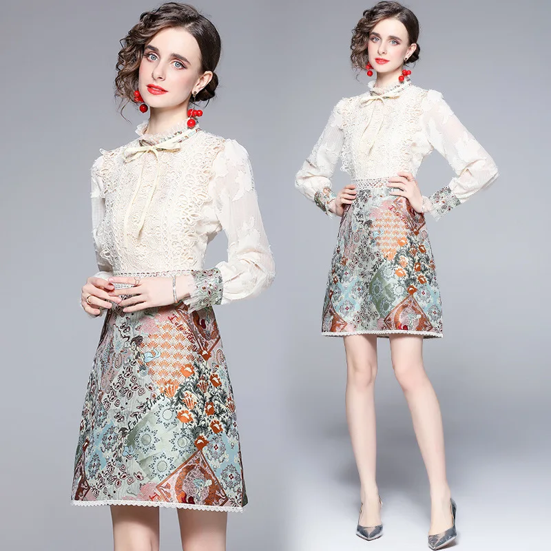 

2024 Spring New French Elegant Vintage Stand Collar Long Sleeve Lace-Up Splicing Hook Flower Hollow-Out Jacquard Dree ss Woman.