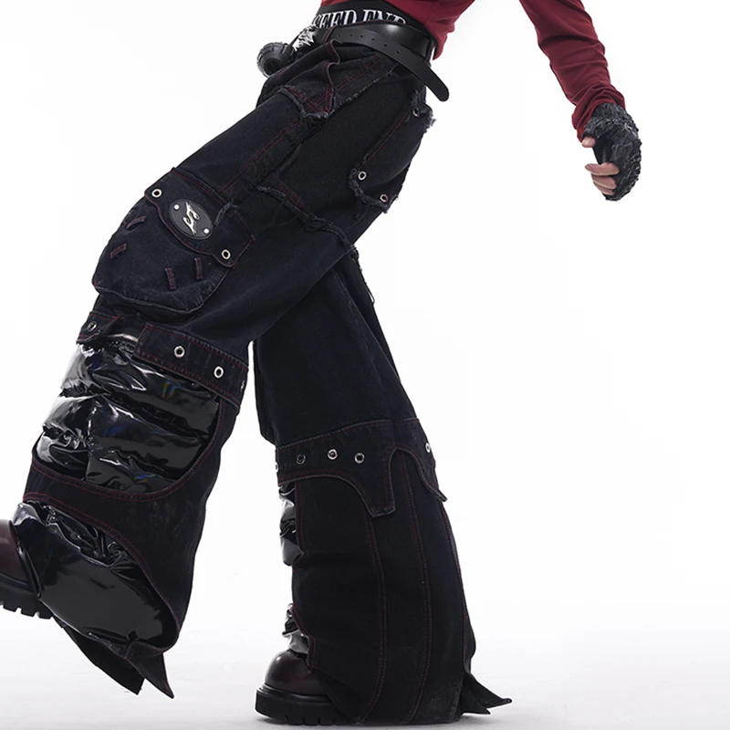 FEWQ Pants Leg Splicing PU Leather Men's Jeans Autumn Winter Straight Legs 2024 Darkwear Korea Fashion Male Trousers 24E5611 3