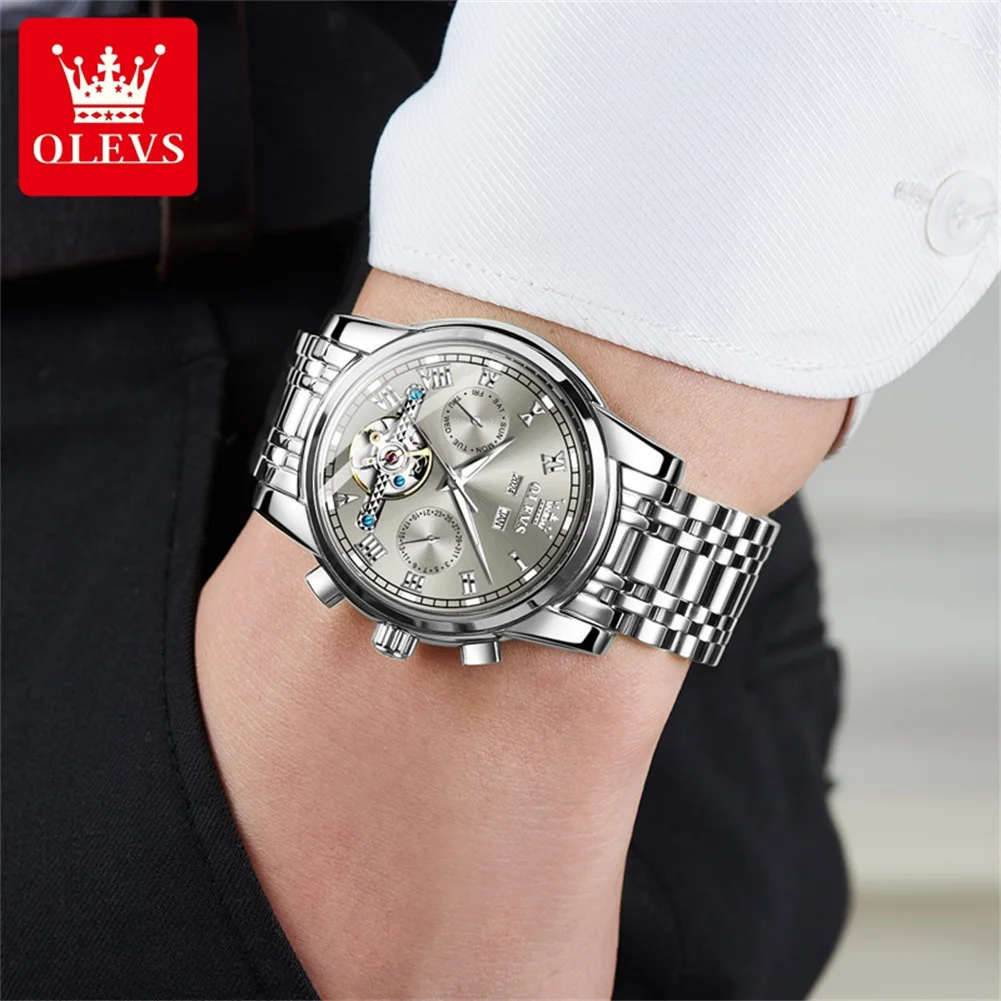 OLEVS 6607 Watch For Men Roman Scale Hollow Skeleton Man Mechanical Wristwatch Waterproof Luminous Week Calendar Original Watch