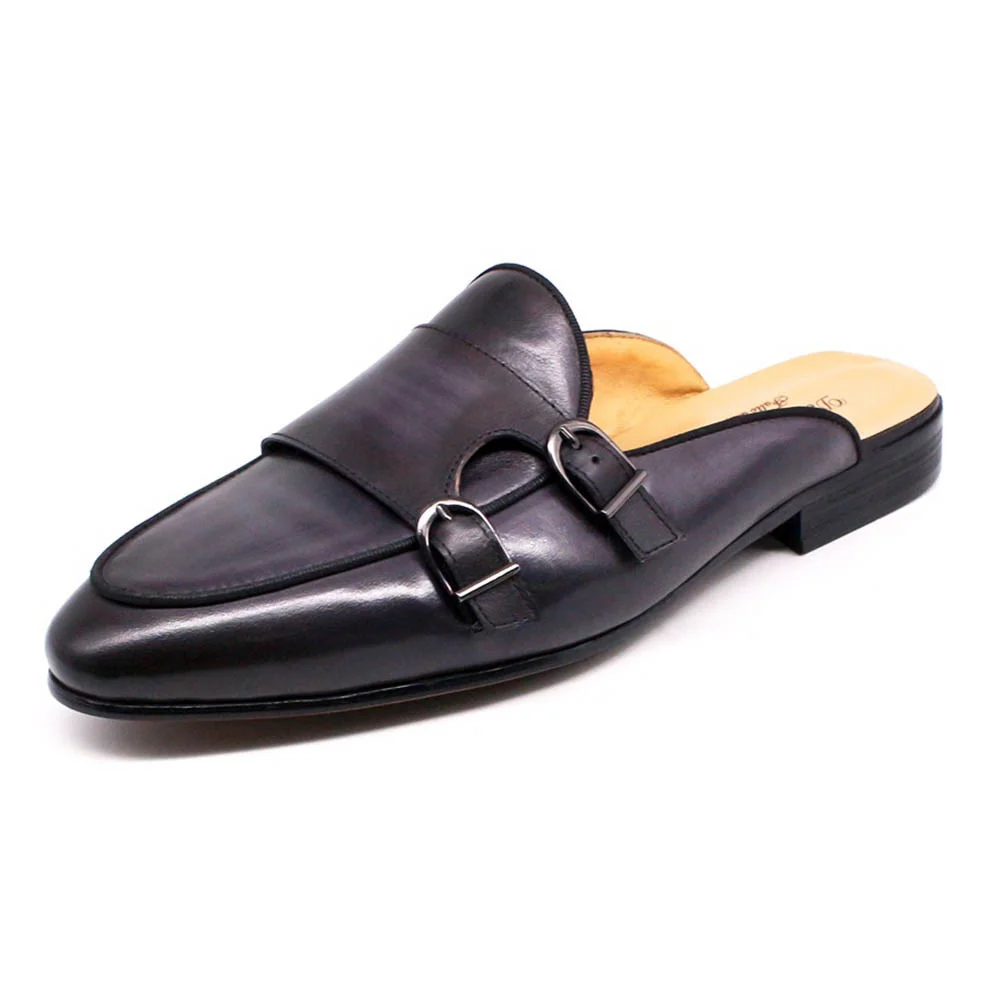

Black Half Shoes for Men Genuine Cow Leather Shoes Men Mules Causal Men Shoes with Double Buckle Shallow Breathable Shoe for Men