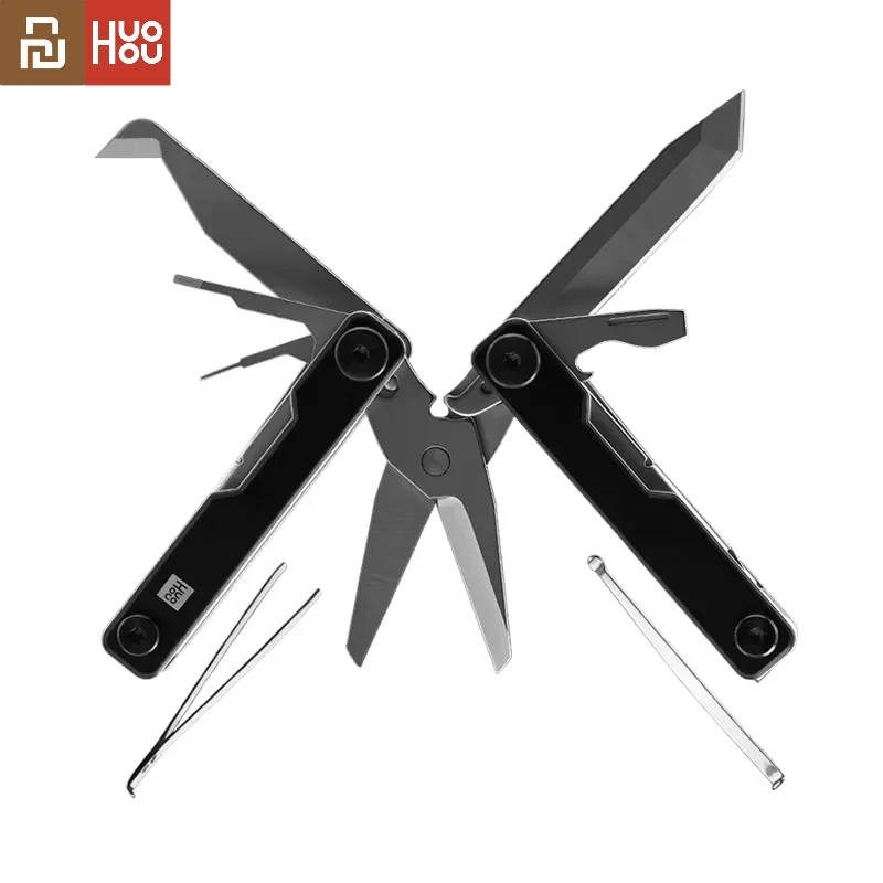 HUOHOU 휴대용 다기능 접이식 나이프 가위, 부식 멀티 툴 생존 키체인, 미..