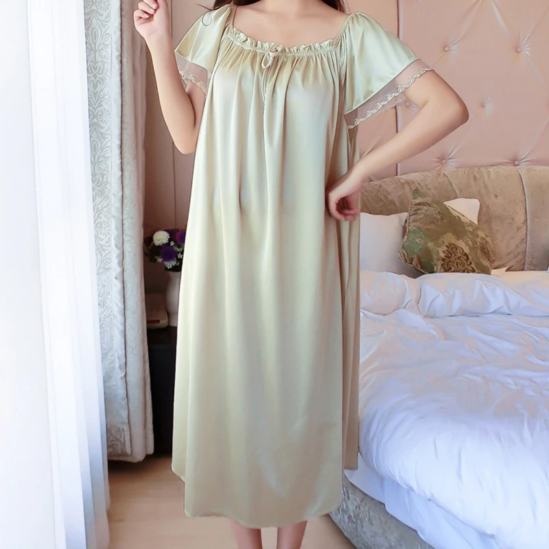 Women Night Gowns Sleepwear Lace Patchwork Nightwear Long Sleeping Dress Casual Ladies Home Dressing