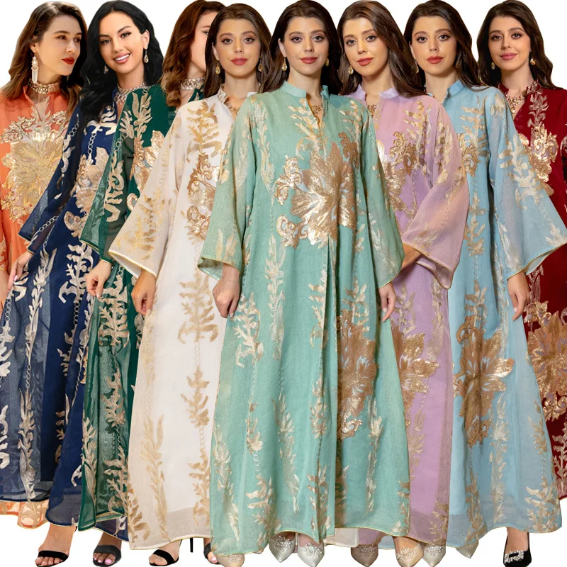 Arab Abaya Female Dubai Modest Casual Mesh Lace Insert Embroidery Notched V-Neck Full Sleeve Muslim Woman Long Dresses