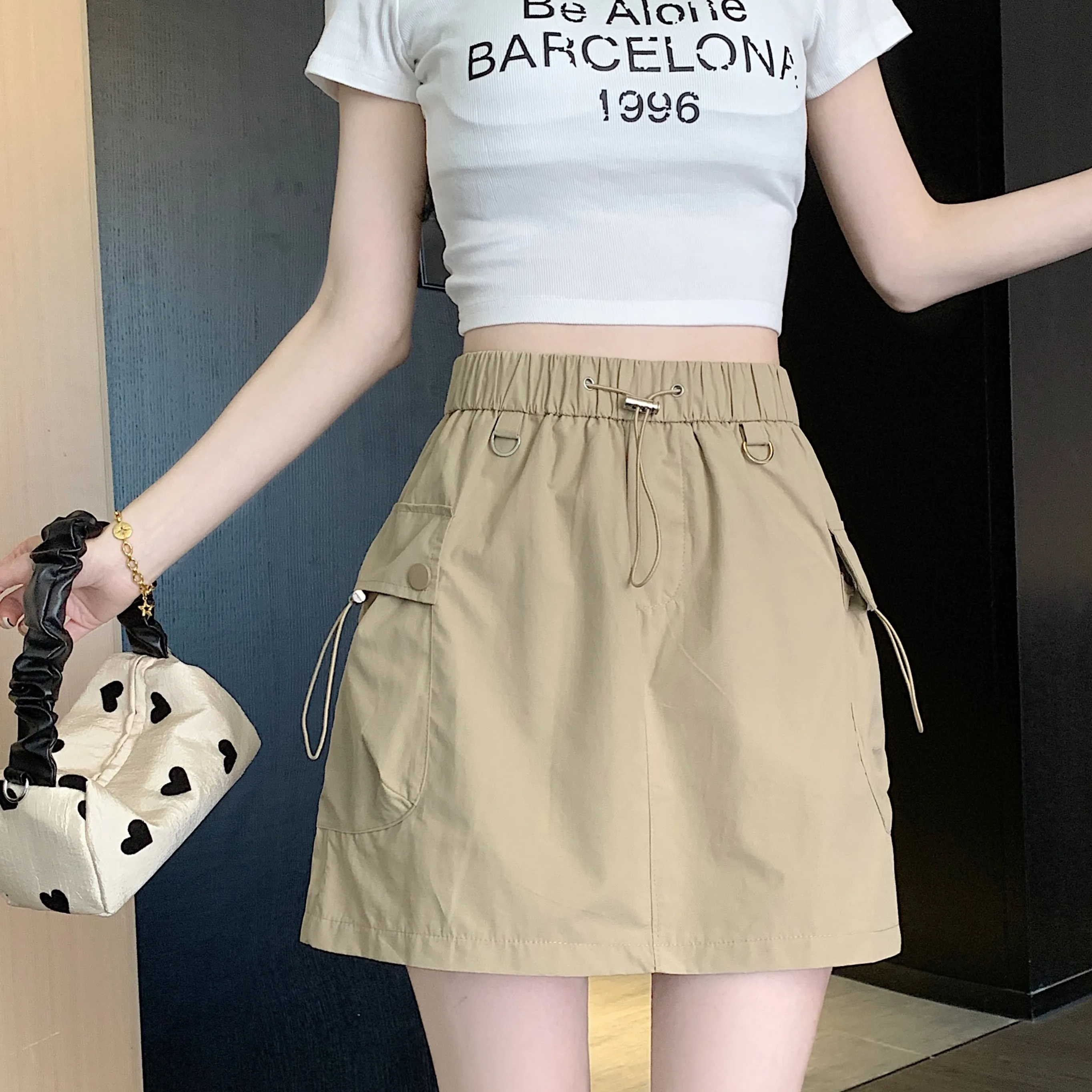 아메리칸 스타일 하이 웨이스트 a 라인 몸집이 작은 다목적 Drawstring 짧은 Skort 여성용 2024 뉴 여름 얇은 스타일 Workwear 스커트