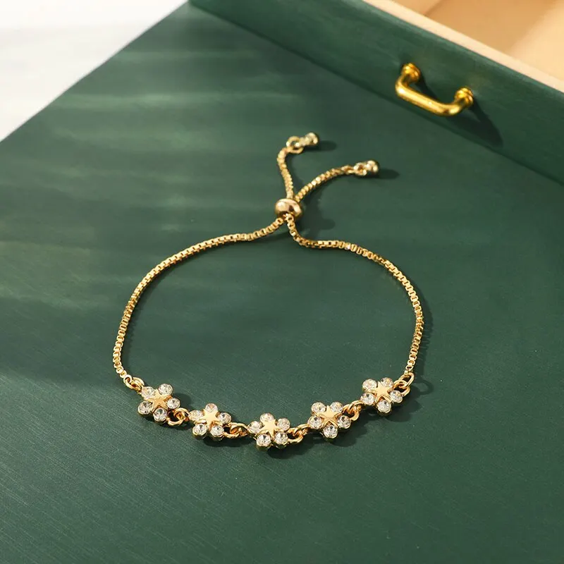 Silver Plated Bracelet Beaded Bracelet 2pcs Gold-color And Silver-plated Bracelets Light Luxury Style Flowers Small Stars Brass Beads Adjustable Jewelry