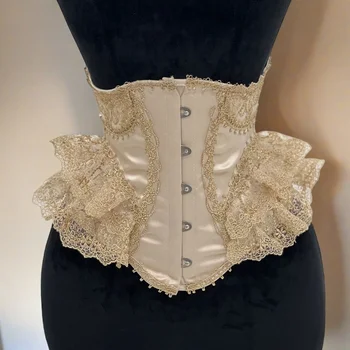 Women Fancy Corset Underbust Luxury Lace Bustier Lolita Vintage Bodice Lace Up Boned Waist Trainer Stage Costume Gold Tight Tops
