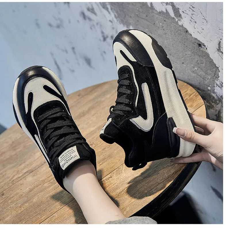 Women's Genuine Leather High Top Dad Shoes Thick Sole Trainers_voghion.com
