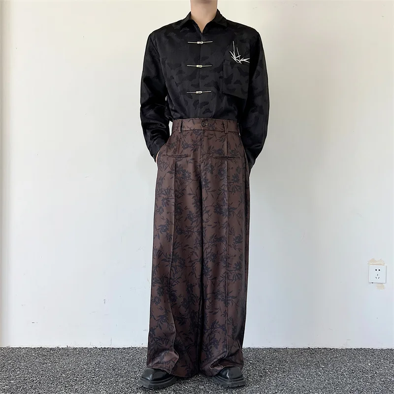 Men Print Pants High Waist Draped Joggers Loose Streetwear Pockets Wide Leg Trousers Men Vintage Casual Male Pants